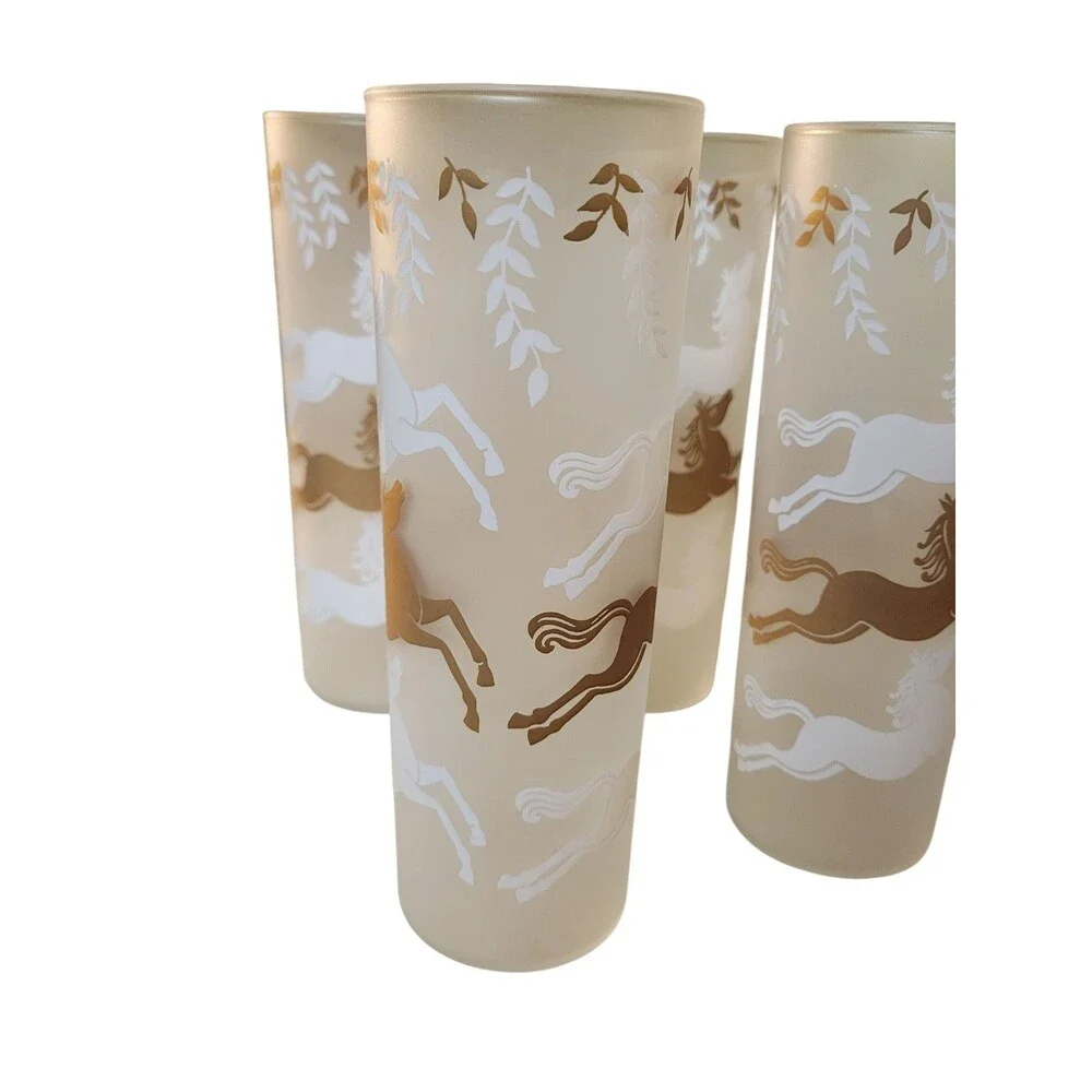 Vintage Libby 4 Tall Horses Leaping Frosted Glasses MCM Gold White 7
